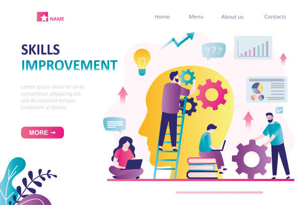 业务人员提高技能。自我发展，提高技能和个人成长。各种图形、图表。大脑开发，新想法。技能提升，登陆页面模板。图片下载