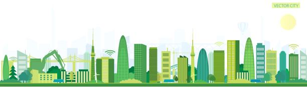有太阳能电池板的现代化城市。矢量海报与全景城市的观点。绿色城市，摩天大楼图片下载