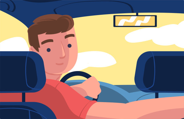 男人性格驾驶汽车坐在司机座位内车辆矢量插图图片下载