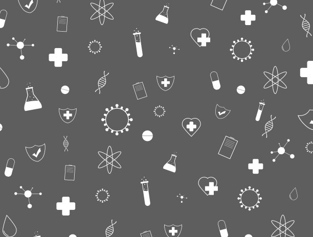 医学背景与图标(病毒、基因、十字架、心脏、胶囊、试管)在灰色背景和复制空间。图片下载