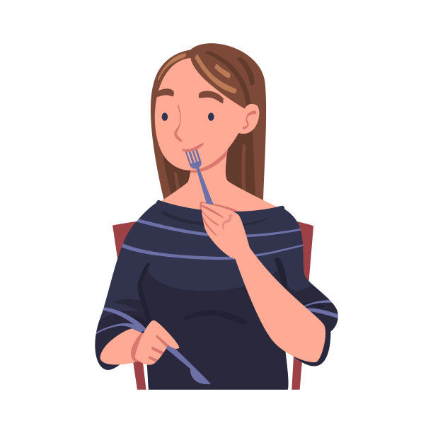 女性角色在家里吃食物，坐在桌子上用刀和叉矢量插图图片下载