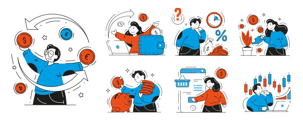 收集商务人士和财务成功矢量插图货币兑换，远程工作图片下载