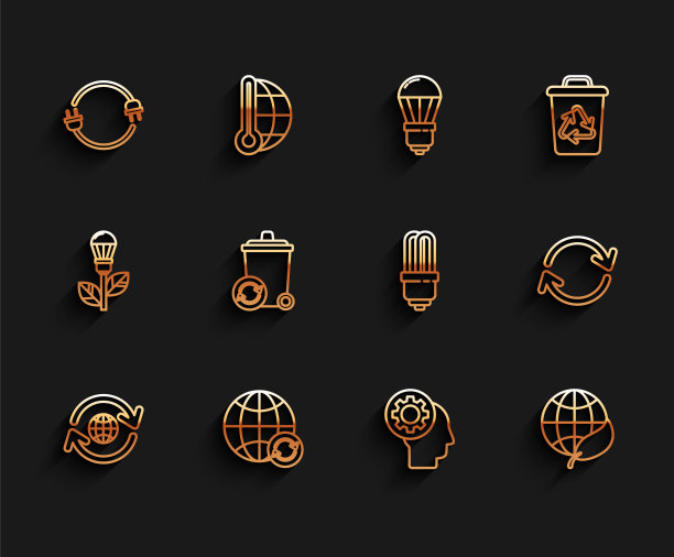 设置线地球和一个回收，电插头，人的头部与齿轮内，地球地球仪叶，回收站回收符号，刷新和LED灯泡图标。向量图片下载