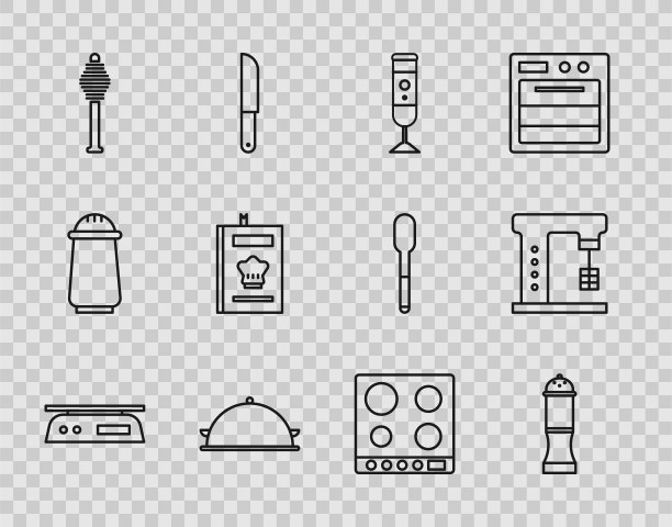 设置线电子秤，胡椒，搅拌机，覆盖托盘的食物，蜂蜜勺棒，烹饪书，煤气炉和电动搅拌机图标。向量图片下载