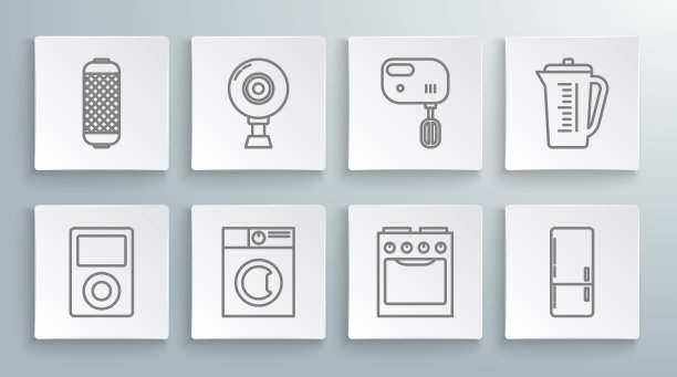 设置线音乐播放器，网络摄像头，洗衣机，烤箱，冰箱，电动搅拌器，量杯和立体声扬声器图标。向量图片下载