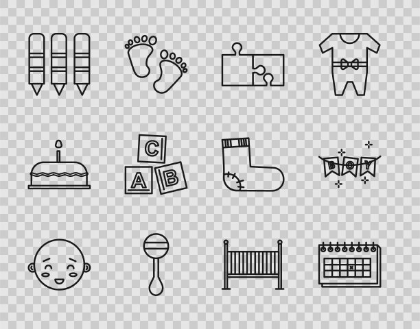 设置线快乐的小男孩头，日历，拼图，拨动婴儿玩具，蜡笔绘画，ABC积木，婴儿床摇篮床和嘉年华花环与旗帜图标。向量图片下载