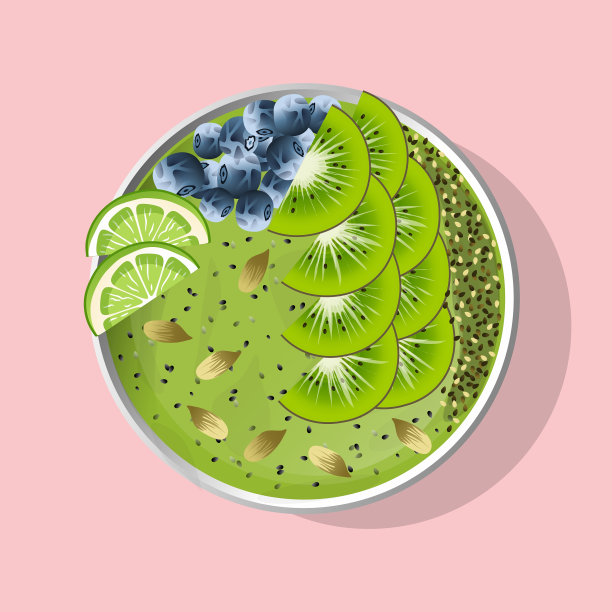 奶昔早餐碗，上面有猕猴桃，蓝莓，酸橙，酸奶。图片下载