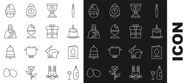 本系列产品包括:葡萄酒瓶，圣诞贺卡，蛋糕和蜡烛，基督教圣餐杯，鸡蛋，耶稣，破碎和礼盒图标。向量图片下载