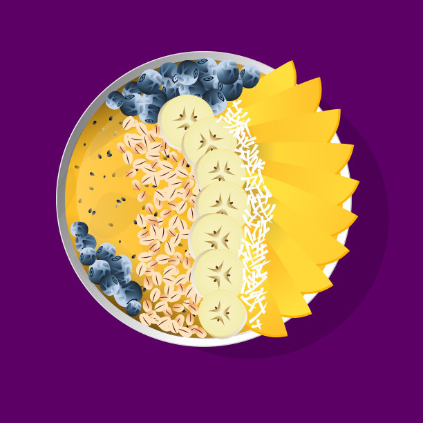 奶昔早餐碗，上面有芒果，蓝莓，香蕉，酸奶。图片下载