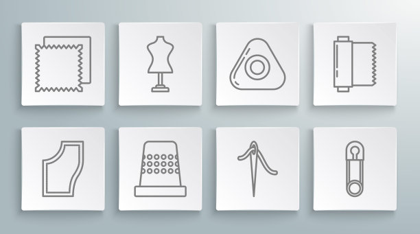 设置线缝纫模式，人体模型，缝纫顶针，带线针，经典封闭钢安全别针，粉笔，纺织织物卷和图标。向量图片下载