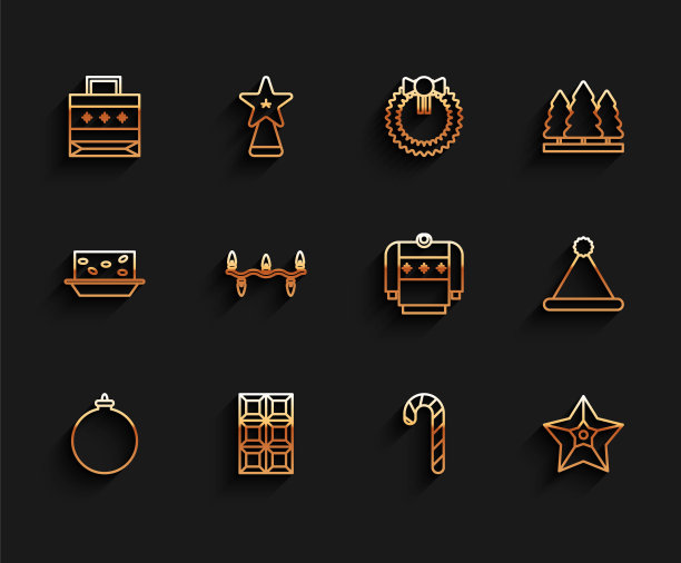 设置线圣诞球，巧克力棒，纸袋，带条纹的糖果棒，星星，彩灯，圣诞老人的帽子和毛衣图标。向量图片下载