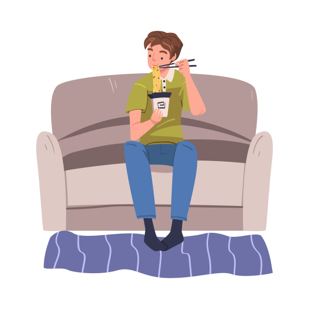 男人性格吃食物在家里坐在沙发上面条和筷子矢量插图图片下载