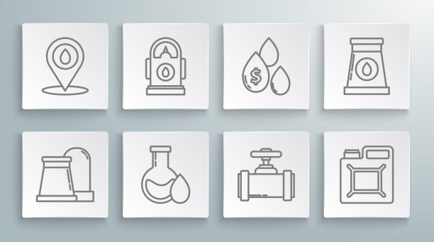 设置油气工业厂房、汽油试管、工业金属管阀门、汽油罐、带美元符号的滴油器、加油位置图标。向量图片下载
