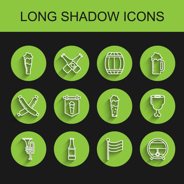 乐器喇叭，啤酒瓶，啤酒杯，德国国旗，木桶架带龙头，招牌杯，鸡腿和图标。向量图片下载