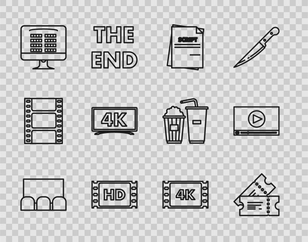 设置线，电影票，场景，4k电影，磁带，帧，在线购买电影院，在线播放视频图标。向量图片下载