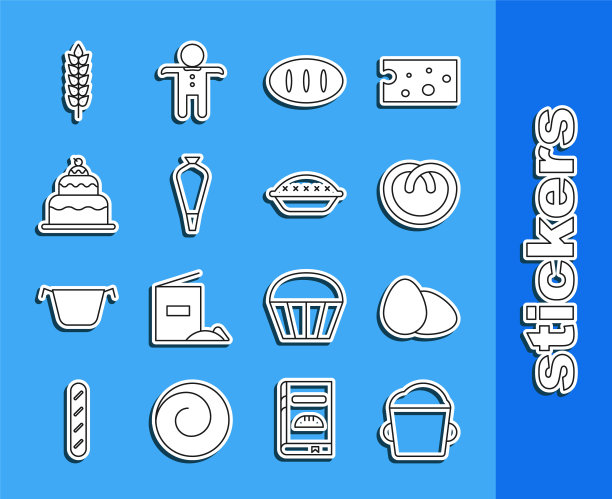 设置线烘焙碗面团，鸡蛋，椒盐卷饼，面包面包，糕点袋装饰蛋糕，蛋糕，谷物与大米，小麦，玉米，燕麦，黑麦和自制派图标。向量图片下载
