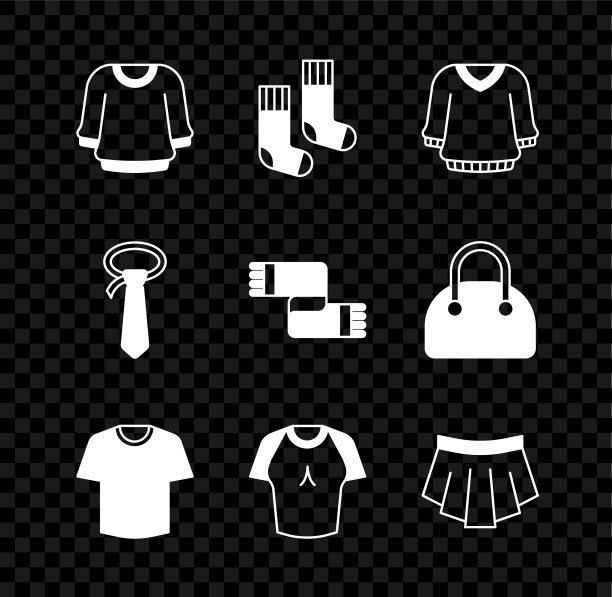 设置毛衣，袜子，t恤，裙子，领带和冬季围巾图标。向量图片下载