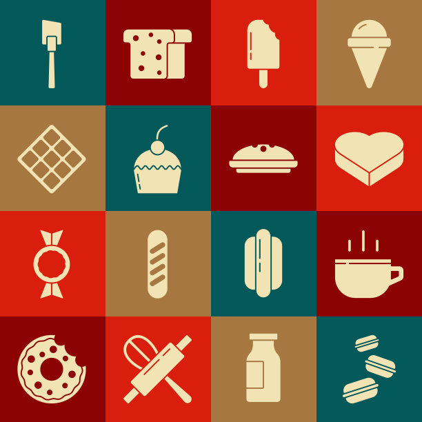 设置马卡龙饼干，咖啡杯，糖果在心型盒，冰淇淋，蛋糕，华夫饼，抹刀和自制派图标。向量图片下载