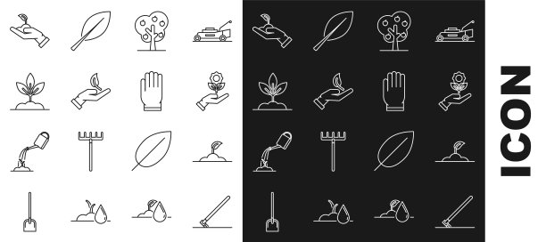 设置线花园耙子在工作，发芽，手握花，树与苹果，手环保，植物，和手套图标。向量图片下载