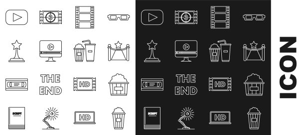 设置线爆米花纸箱，地毯与障碍和明星，播放视频，在线播放视频，电影奖杯，和苏打饮料玻璃图标。向量图片下载