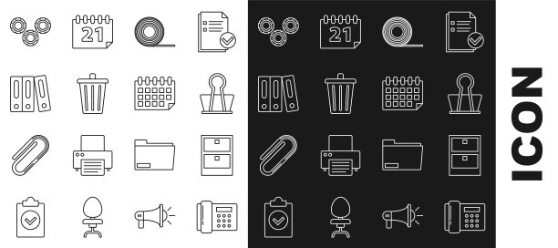 设置线电话，档案文件抽屉，文件夹夹，苏格兰威士忌，垃圾桶，办公室文件夹和文件，齿轮和日历图标。向量图片下载