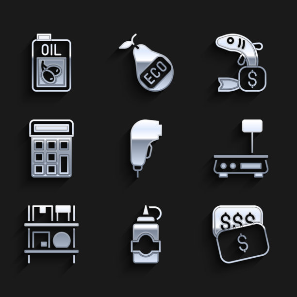 设置扫描仪扫描条形码，酱汁瓶，新的价格标签美元，电子秤，仓库内部与盒子，计算器，鱼的价格和橄榄油的瓶子图标。向量图片下载