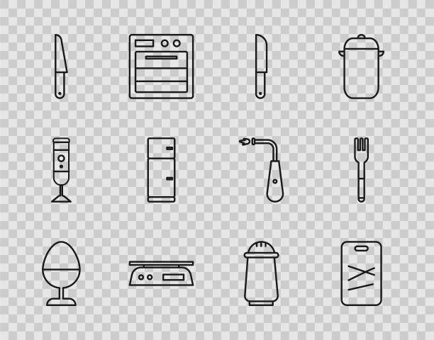 设置线鸡蛋在一个立场，切菜板，刀，电子秤，冰箱，盐胡椒和叉子图标。向量图片下载
