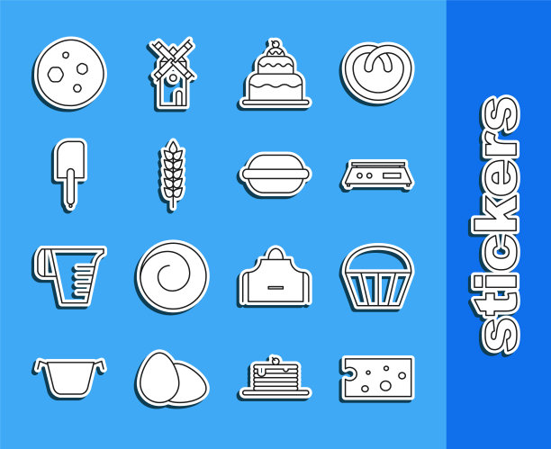 设置线奶酪，松饼，电子秤，蛋糕，谷物与大米，小麦，玉米，燕麦，黑麦，抹刀，饼干饼干巧克力和马卡龙饼干图标。向量图片下载