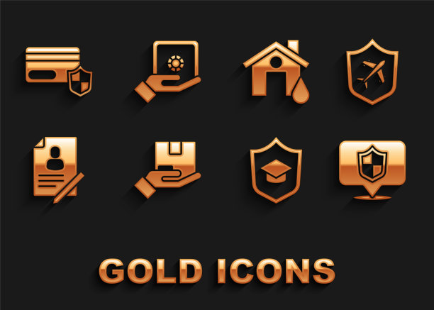 设置送货保险，平面与盾，位置，毕业帽，文件，房子洪水，信用卡和安全手图标。向量图片下载