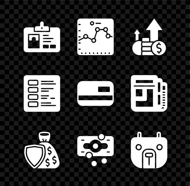 设置识别徽章，浏览器与增长图，金融和硬币，盾钱包，叠纸现金，熊市，企业财务报告和信用卡图标。向量图片下载