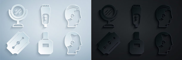 设置须后水，男子发型，刀片剃须刀，秃头，电动刀片和手镜图标。向量图片下载