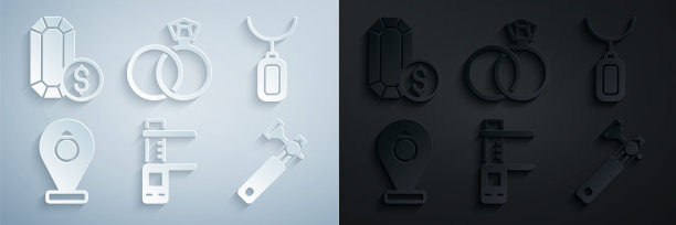 设置卡尺或卡尺和规模，项链吊坠，珠宝店，珠宝商的lupe，结婚戒指和网上购物图标。向量图片下载