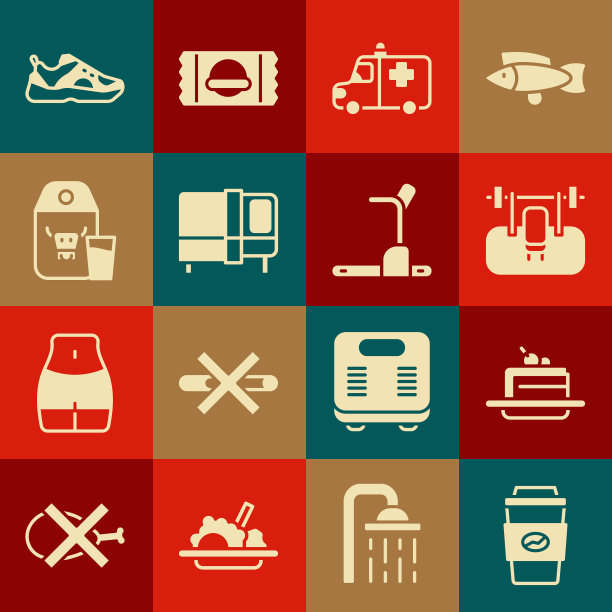 设置咖啡杯走，蛋糕，长凳与barbel，救护车和紧急车辆，床，牛奶，运动运动鞋和跑步机图标的纸包。向量图片下载