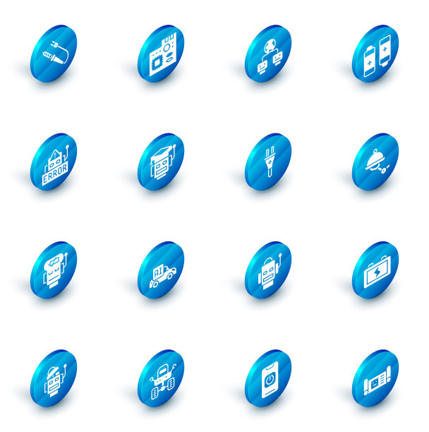 设置主板数字芯片，人工智能，电池，错误机器人，机器人低电量，服务员和电插头图标。向量图片下载