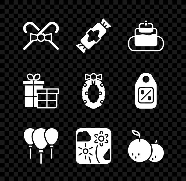 设置圣诞糖果拐杖，糖果，蛋糕，气球与丝带，烟火火箭，橘子，礼盒和花环图标。向量图片下载