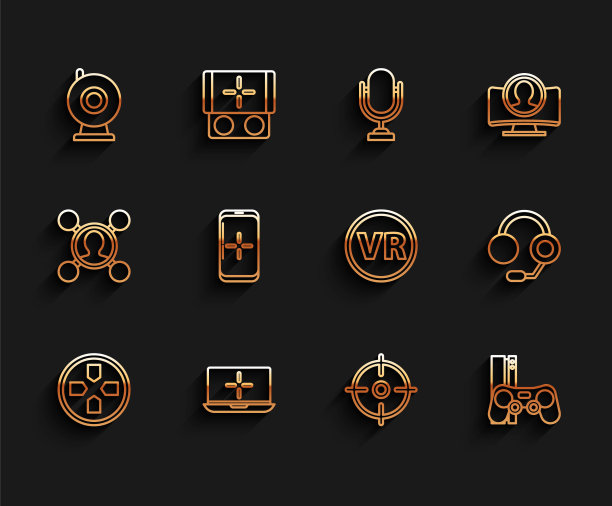 游戏手柄，笔记本电脑，网络摄像头，目标运动，操纵杆控制台，智能手机和玩游戏，耳机和虚拟现实眼镜图标。向量图片下载