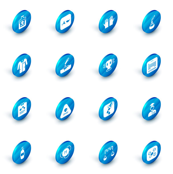 设置破烧瓶，医用橡胶手套，试管和，实验室制服，化学报告，带移液管的培养皿，周期表和防毒面具图标。向量图片下载