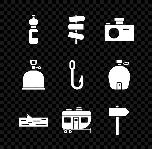 设置瓶装水，道路交通指示牌，摄影相机，原木，房车露营拖车，煤气灶和钓鱼钩图标。向量图片下载