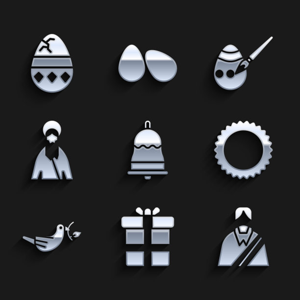 设置铃声，礼盒，耶稣基督，太阳，和平鸽子与橄榄枝，复活节彩蛋和油漆刷和破裂的图标。向量图片下载