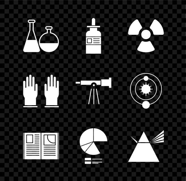 设置试管和烧瓶化学实验室，玻璃瓶，带移液管，打开书，饼图信息图，光线棱镜，橡胶手套和望远镜图标。向量图片下载
