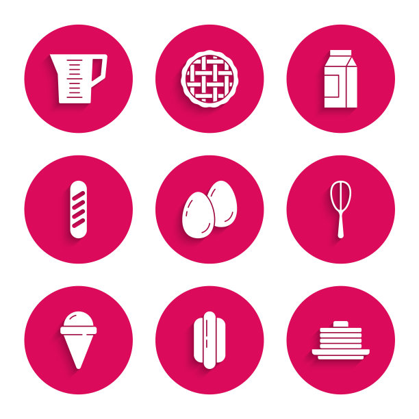 设置复活节鸡蛋，热狗三明治，煎饼堆栈，厨房打蛋器，冰淇淋在华夫饼蛋筒，法国法棍面包，纸包装牛奶和测量杯图标。向量图片下载