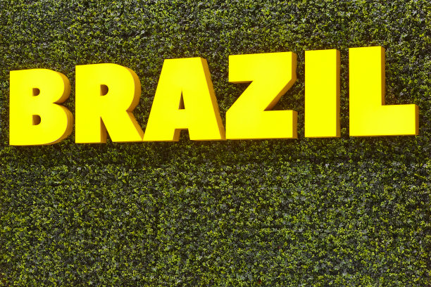 绿色植物背景上的巴西黄色标志文字。巴西图片下载