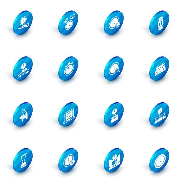 设置时钟，盾牌，智能手表，时间旅行，储蓄罐硬币，秒表，日历和放大镜时钟图标。向量图片下载