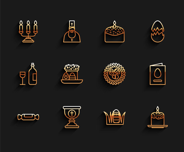 设置线糖果，基督教圣杯，烛台，复活节彩蛋，蛋糕，鸡蛋，贺卡快乐和柳条巢图标。向量图片下载