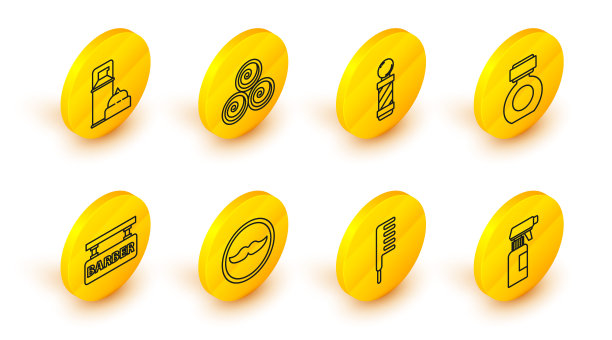 设置线理发师手枪喷瓶，发刷，胡子，理发店，须后水，经典杆，毛巾卷和剃须凝胶泡沫图标。向量图片下载