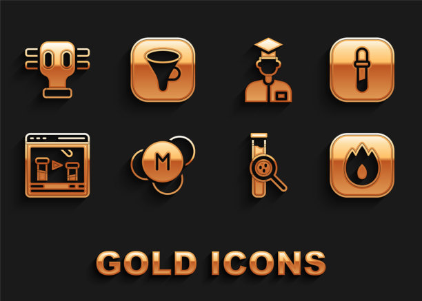 设置分子，移液管，火焰，试管和烧瓶，化学在线，实验室助理，防毒面具和漏斗过滤器图标。向量图片下载