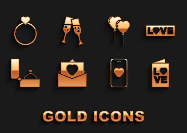 设置信封与情人节的心，爱的文本，情人节派对传单，网上约会应用程序和聊天，钻石订婚戒指，气球形式的，结婚戒指和玻璃香槟图标。向量图片下载