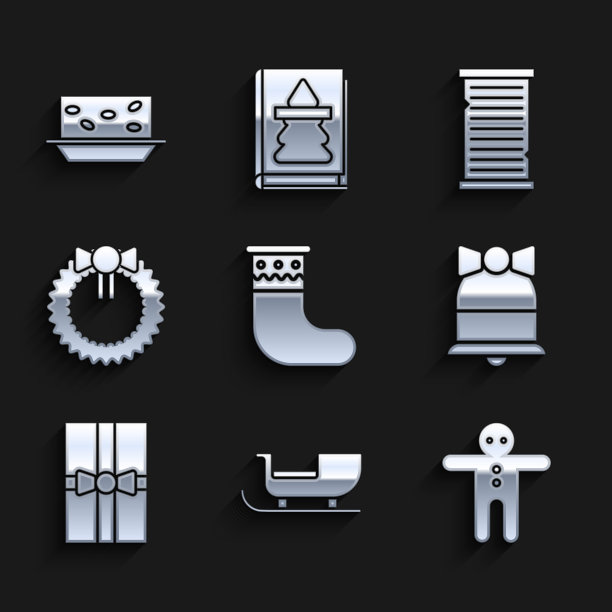 圣诞长袜、圣诞老人雪橇、姜饼人、圣诞铃铛、礼品盒、花环、愿望清单和牛轧糖图标矢量图图片下载