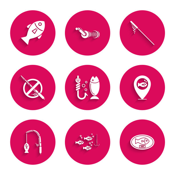 设置钓鱼，在水下用鱼钩钩鱼，挂在板上的奖杯，定位钓鱼，竿和，没有，网和图标。向量图片下载