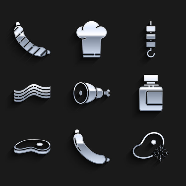 集鸡腿，香肠，新鲜冷冻牛排肉，酱瓶，牛排，培根条，烤羊肉串串和图标。向量图片下载